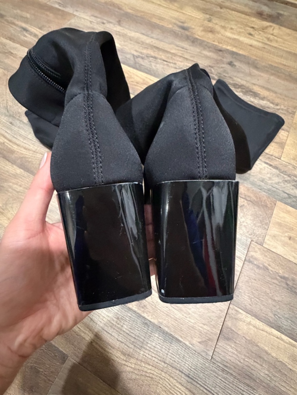 Aldo Black Over-the-Knee Stretch Sock Boots with Gloss Block Heel - Picture 4 of 5
